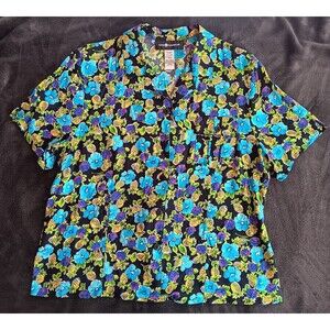 Shirt Size L Sag Harbor Blouse Womens Button Casual Style Black With Flowers